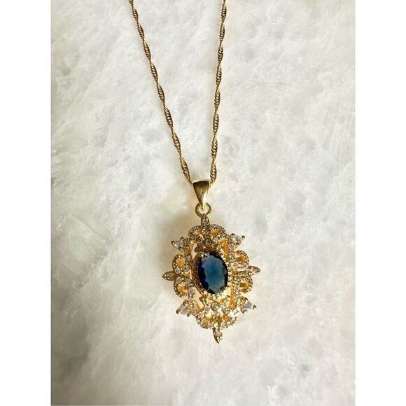 Sapphire blue cubic zirconia intricate regal style pendant necklace  - Picture 9 of 12